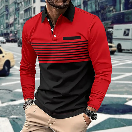 Langermet Polo for Menn – Business Casual Skjorte med Knapper og 3D Stripe Design | Komfortabel og Pustende Topp til Vår og Høst