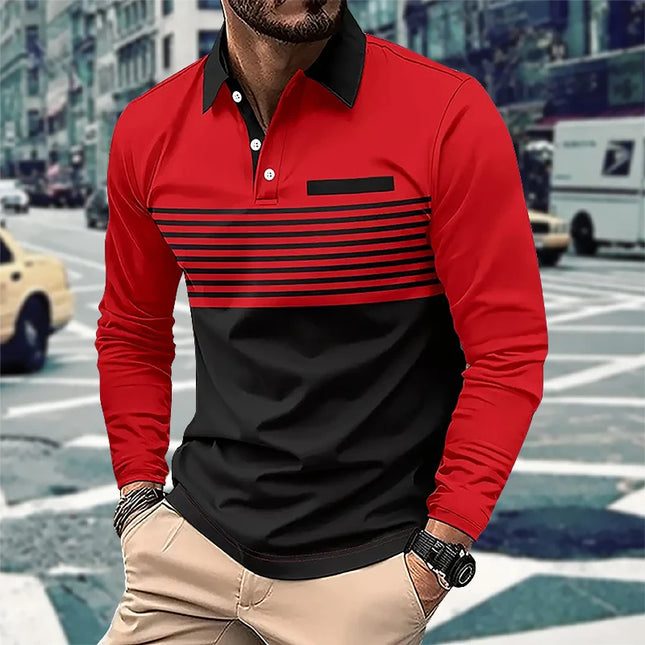 Langermet Polo for Menn – Business Casual Skjorte med Knapper og 3D Stripe Design | Komfortabel og Pustende Topp til Vår og Høst