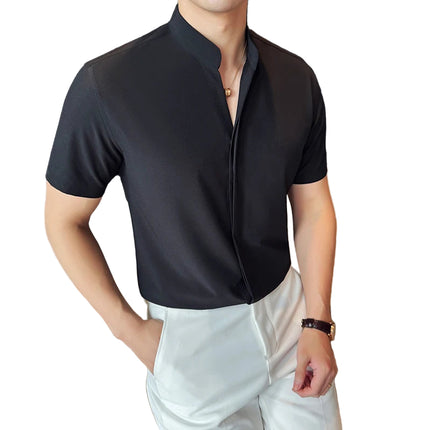 Kortermet Herreskjorte med Ståkrage – Elegant V-hals Skjorte i Stretchy Stoff | Lett og Stilren Skjorte til Kontor og Sommer