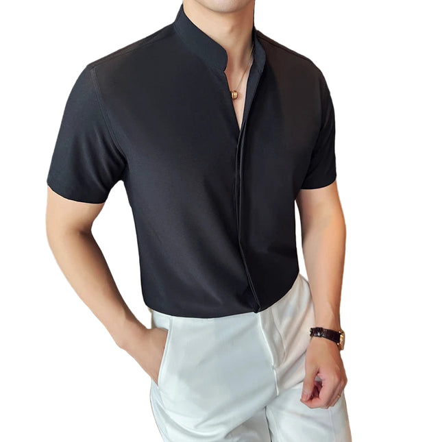 Kortermet Herreskjorte med Ståkrage – Elegant V-hals Skjorte i Stretchy Stoff | Lett og Stilren Skjorte til Kontor og Sommer