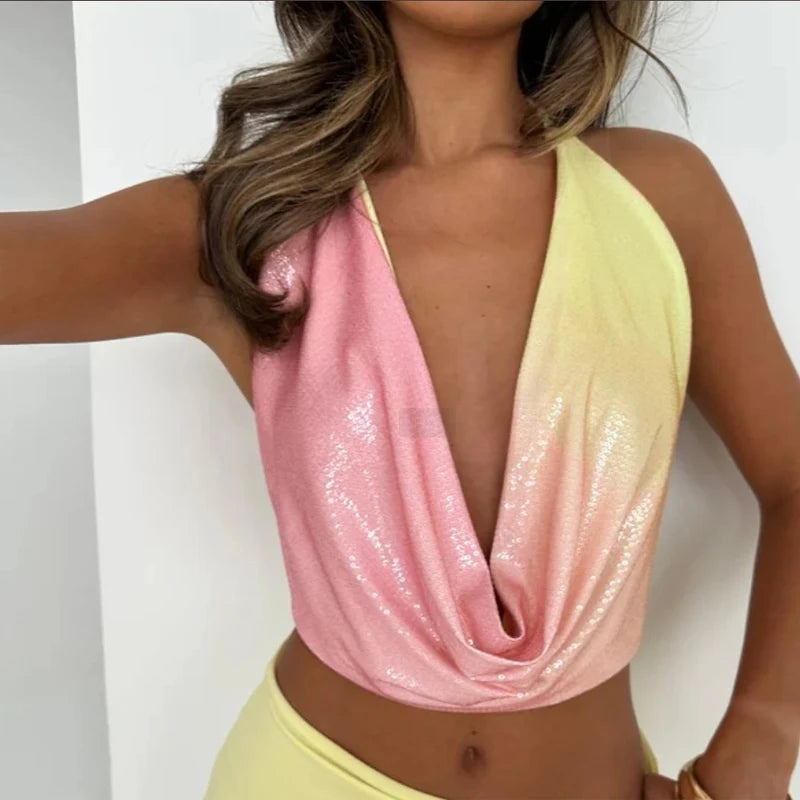 Fargerikt Paljettsett – Halterneck Toppløs Vest & Bodycon Miniskjørt