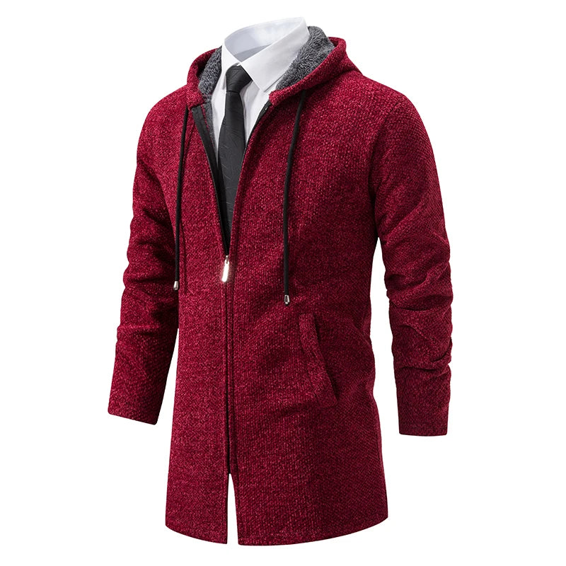 Herre Lang Cardigan med Hette – Varm Vinterjakke i Fleece & Strikk | Koreansk Designerstil