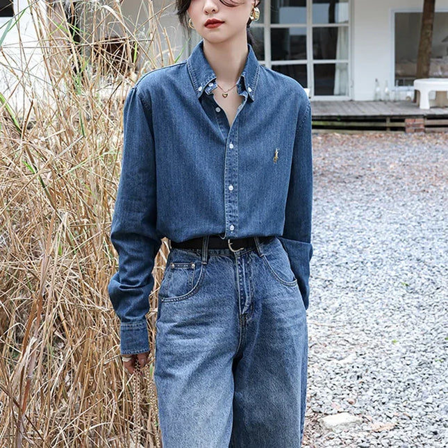 Vintage-inspirert denimskjorte med krystallbroderi – amerikansk look, avslappet passform