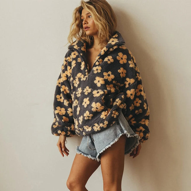 Blomstrete Fuskepels Hettejakke for Dame – Myk, Løs & Varm Teddyjakke | Perfekt til Høst og Vinter