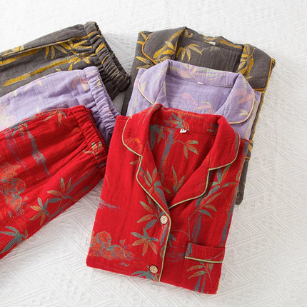 Par-Pysjamas i Bomullsmusselin (Dobbel Gasbind) – 2-delt Sett med Tynn Langermet Topp + Bukse | Vår/Sommer Loungewear