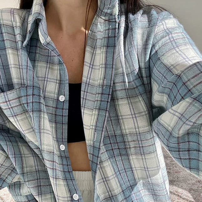 Vintage Rutete Skjorte for Dame – Oversized Bluse i Blåtoner | Langermet Høst- og Vinterskjorte 2024