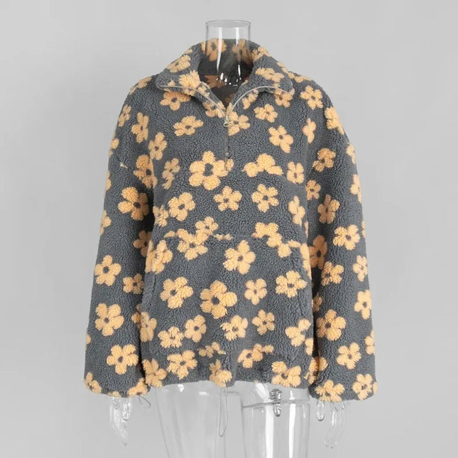 Blomstrete Fuskepels Hettejakke for Dame – Myk, Løs & Varm Teddyjakke | Perfekt til Høst og Vinter