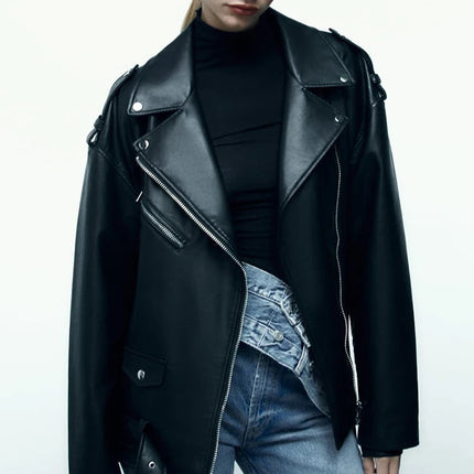 Klassisk Bikerjakke for Dame – Løs Skinnjakke i PU med Belte og Glidelås | Trendy Vår- og Høstjakke