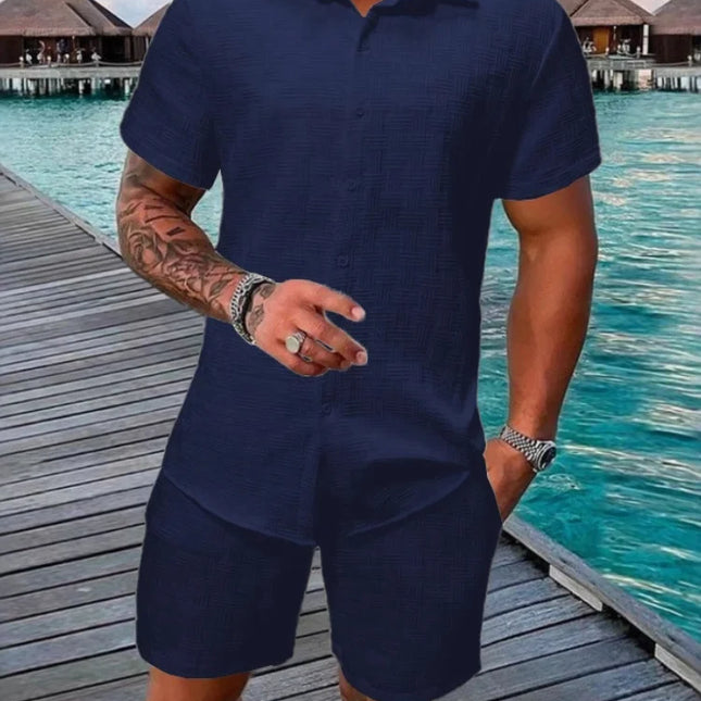Sommerens Nyhet 2025 – Herresett med Skjorte og Shorts | Avslappet To-delt Antrekk med Jacquard og Snøring