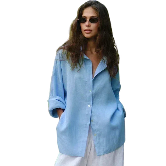 Hvit Linbluse for Dame – Elegant Oversized Skjorte i Bomull og Lin | Vårens Klassiske Basic med Krage