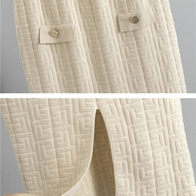 Chic Strikket 2-delt Sett til Dame – Cardigan med Belte & Høytliv Skjørt