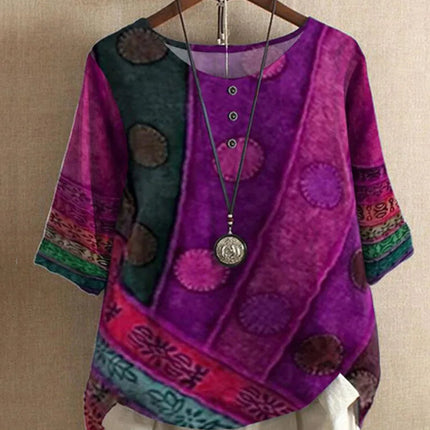Etnisk Vintage-Print Bluse – Løs Passform, O-hals og Halvlange Ermer