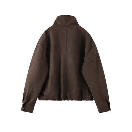 Varm damejakke i brun – ståkrage, glidelås & knapper