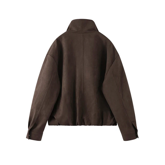 Varm damejakke i brun – ståkrage, glidelås & knapper