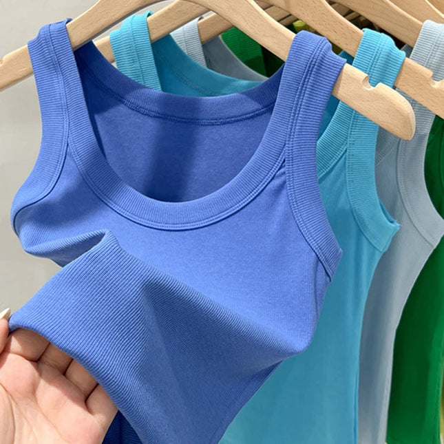 Ribbestrikket Rundhalset Topp – Basic Sommer Singlet for Dame