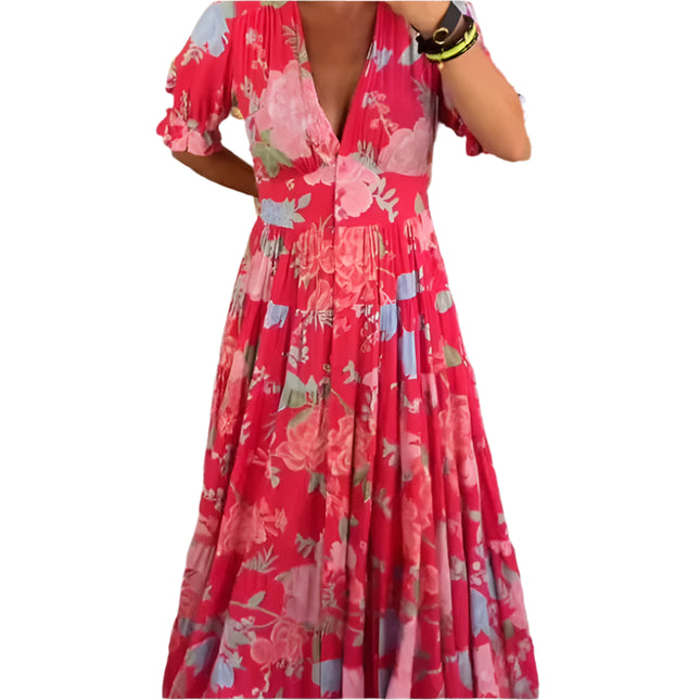 Bohemsk Sommerkjole med V-hals – Lang Kjole med Knapper, Lommer og Kort Erm