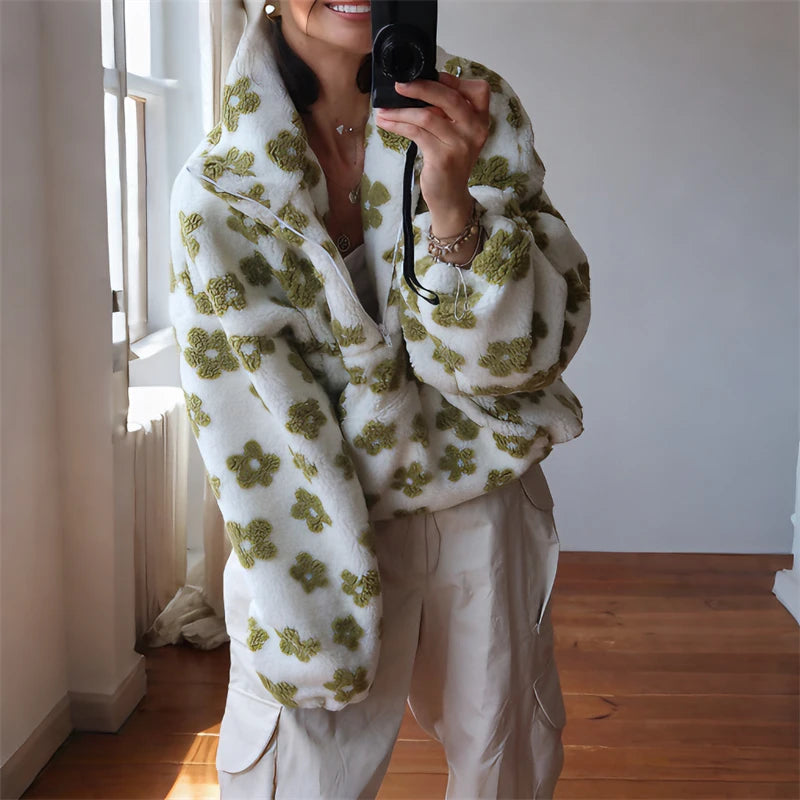 Blomstrete Fuskepels Hettejakke for Dame – Myk, Løs & Varm Teddyjakke | Perfekt til Høst og Vinter