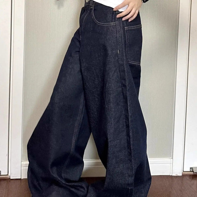 Unisex Vide Jeans i Vasket Svart Denim – High Street Stil | Løse, Rette Bukser til Høst og Vinter