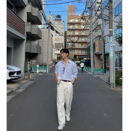 Oversized Stripet Skjorte for Menn og Kvinner – Unisex Skjortejakke i Koreansk Stil | Casual Langermet Skjorte til Vår og Høst