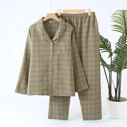 Jacquard Pysjamasett i Bomull (Garnfarget) – 2-delt Langermet Sett med Etnisk Mønster | Høst Loungewear