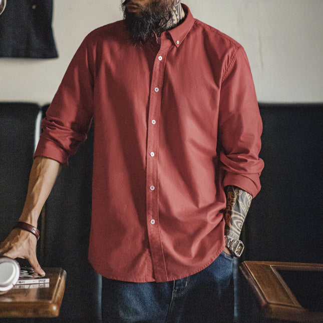 Vintage Oxford Skjorte for Menn – Børstet Bomull Langermet Skjorte | Klassisk Ensfarget Høstskjorte i Mykt Stoff