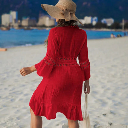 Sommerlig Heklet Boho Strandkimono – Åpen Blonde Cover-Up med Dusker