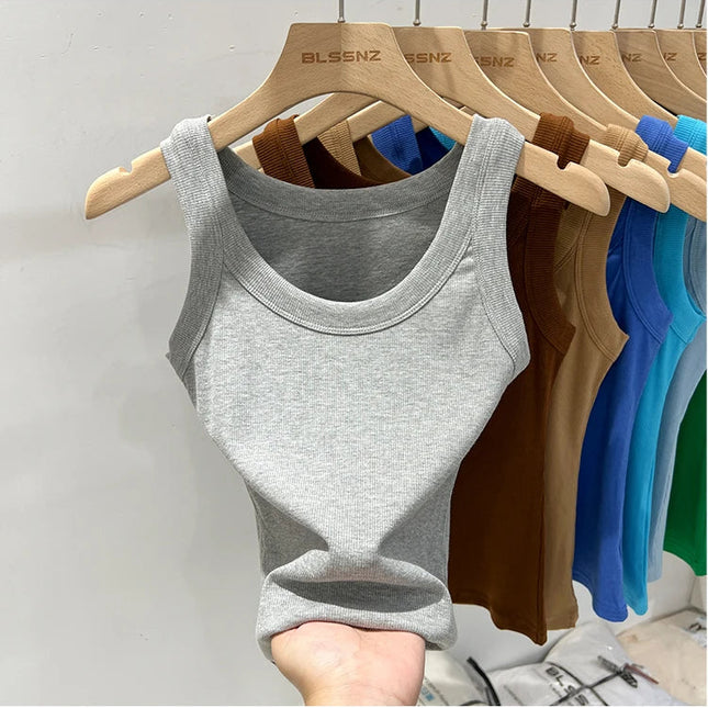 Ribbestrikket Rundhalset Topp – Basic Sommer Singlet for Dame