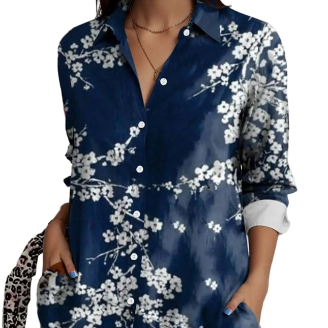 Blomstrete Skjorte for Dame – Stilig Langermet Bluse med Krage