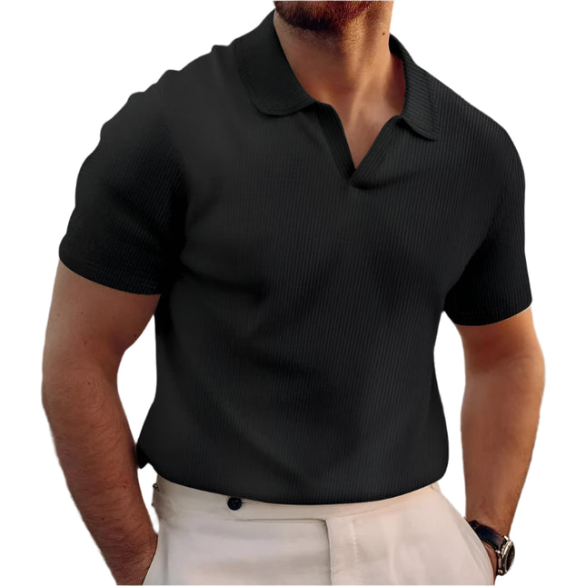 Vaffelstrikket Polo T-skjorte for Herre – Kortermet V-hals med Krage (Sommer 2024)