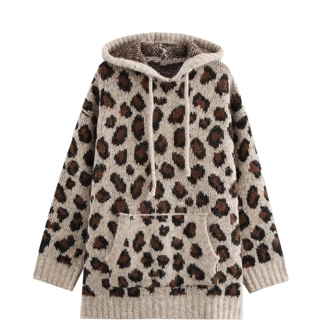Strikket Hettegenser for Kvinner – Løs Genser med Dyremønster | Myk, Varm og Trendy Hoodie til Høst og Vinter