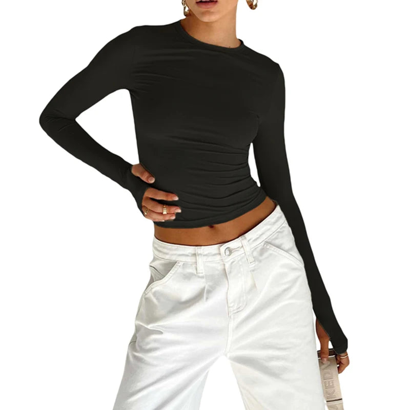Langermet Crop Top med Tommelhull – Slim Fit Streetwear