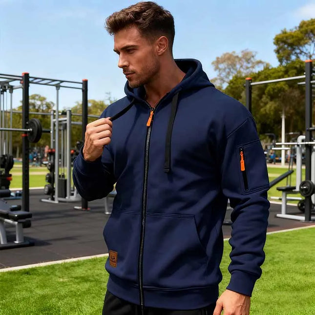 Sporty Hettejakke for Menn – Ensfarget Treningsjakke med Glidelåslommer | Komfortabel Tracksuit til Fritid og Utendørsbruk