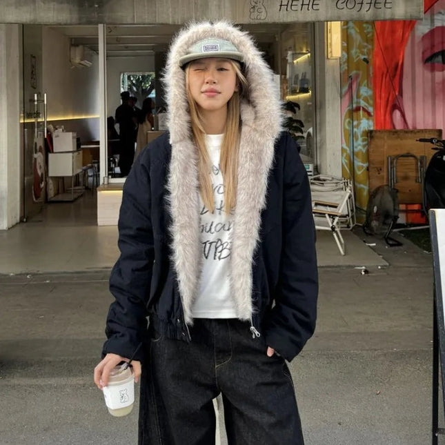 Retro Vinterjakke for Dame med Fuskepelskrage og Hette – Tykk, Varm & Løs Y2K Streetwear Stil