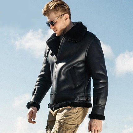 Herre Skinnjakke i Ekte Lammeskinn – Vinter Pilotjakke med Ullfôr | Klassisk Bomber med Naturlig Pelskrage