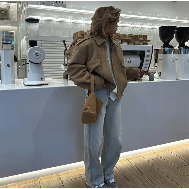 Dame Bomberjakke – Vintage Semsket Patchwork med Glidelås & Lommer