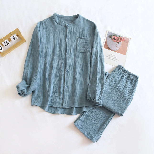 Unisex Pysjamasett i Bomull (Yarn Crepe) – 2-delt Sett med Langermet Rundhalset Topp + Bukse | Ensfarget Hjemmesett