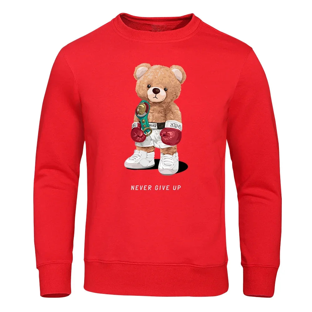 Herre Hoodie med Trykk – "Strong Boxer Teddy Bear" | Løs Passform & Streetwear Harajuku Stil