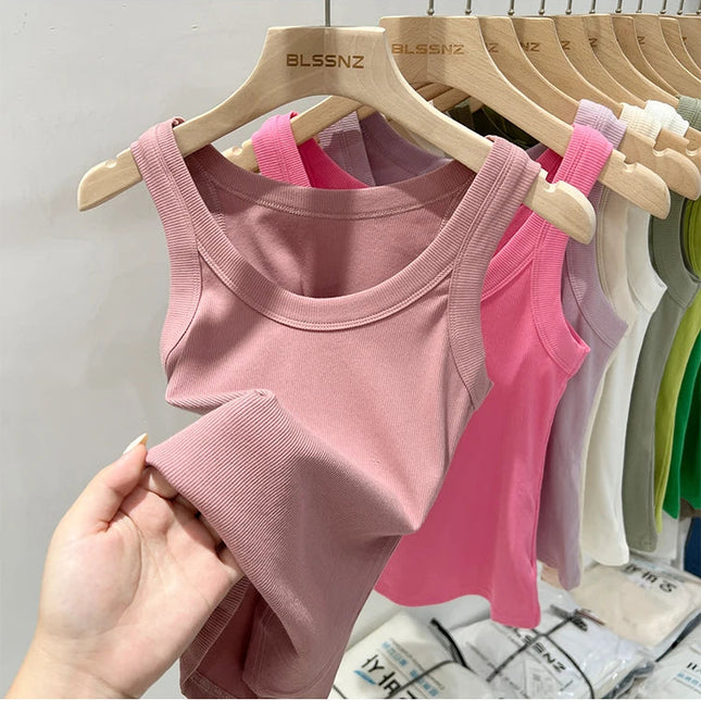 Ribbestrikket Rundhalset Topp – Basic Sommer Singlet for Dame