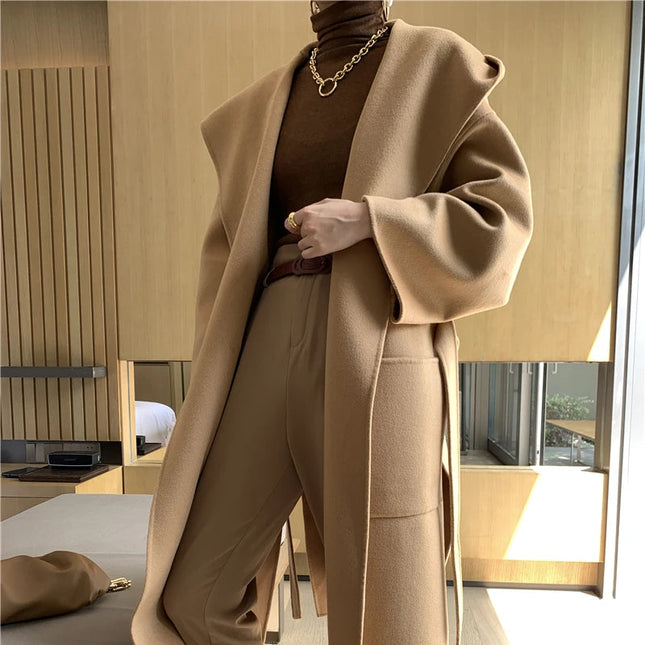 Vintage Elegant Cashmere Kåpe til Dame – Dobbelsidig Ullkåpe med Hette