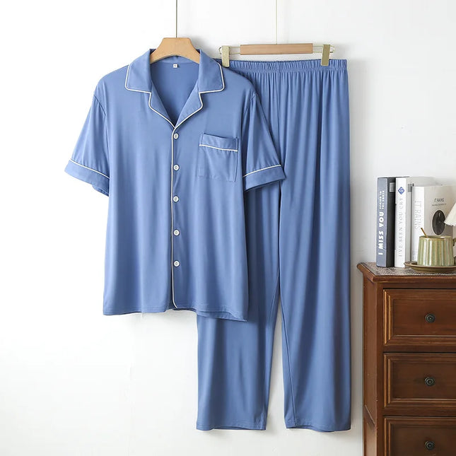 Herrepysjamas i bambus – ensfarget 2-delt loungesett (t-skjorte + bukse) for vår og sommer