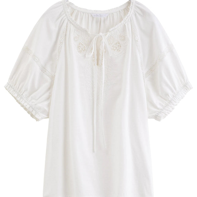 Linen-Bomullsbluse til Dame – Puffermet Sommerbluse med Broderidetaljer
