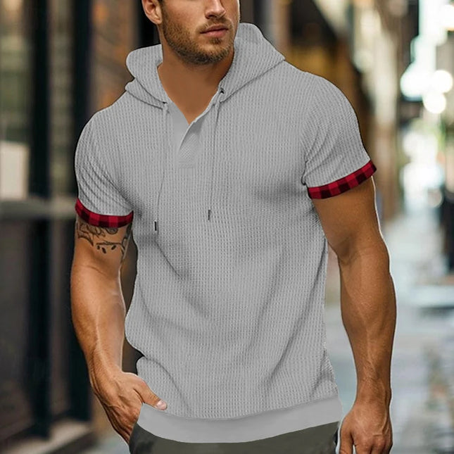 Kortermet Hoodie for Menn – Waffle-Struktur i Ensfarget Design | Sporty og Komfortabel T-skjorte til Vår og Sommer