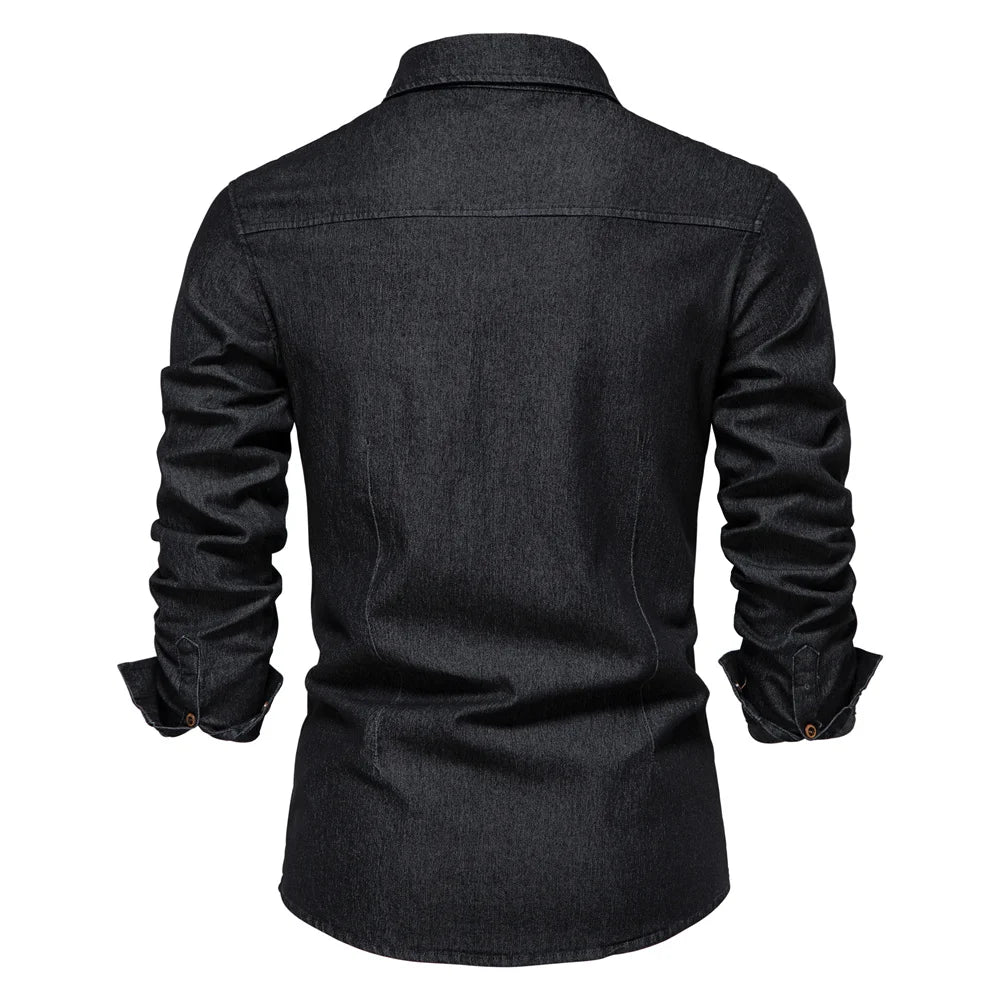 Slim Fit Denimskjorte for Herre – Elastisk Bomull og Klassisk Cowboy-stil med Moderne Passform