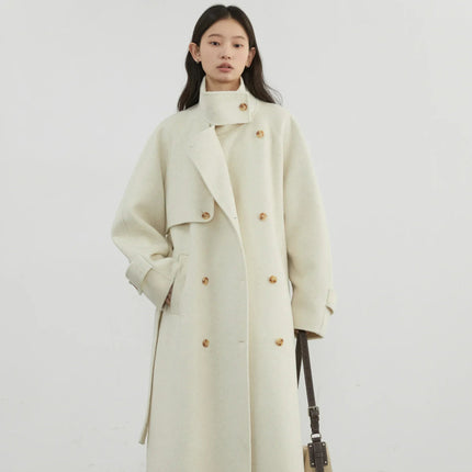 Elegant Ullkåpe for Dame – Dobbelsidig Kåpe med Ståkrage | Løs Passform til Høst og Vinter 2024