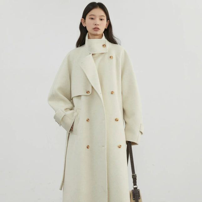 Elegant Ullkåpe for Dame – Dobbelsidig Kåpe med Ståkrage | Løs Passform til Høst og Vinter 2024