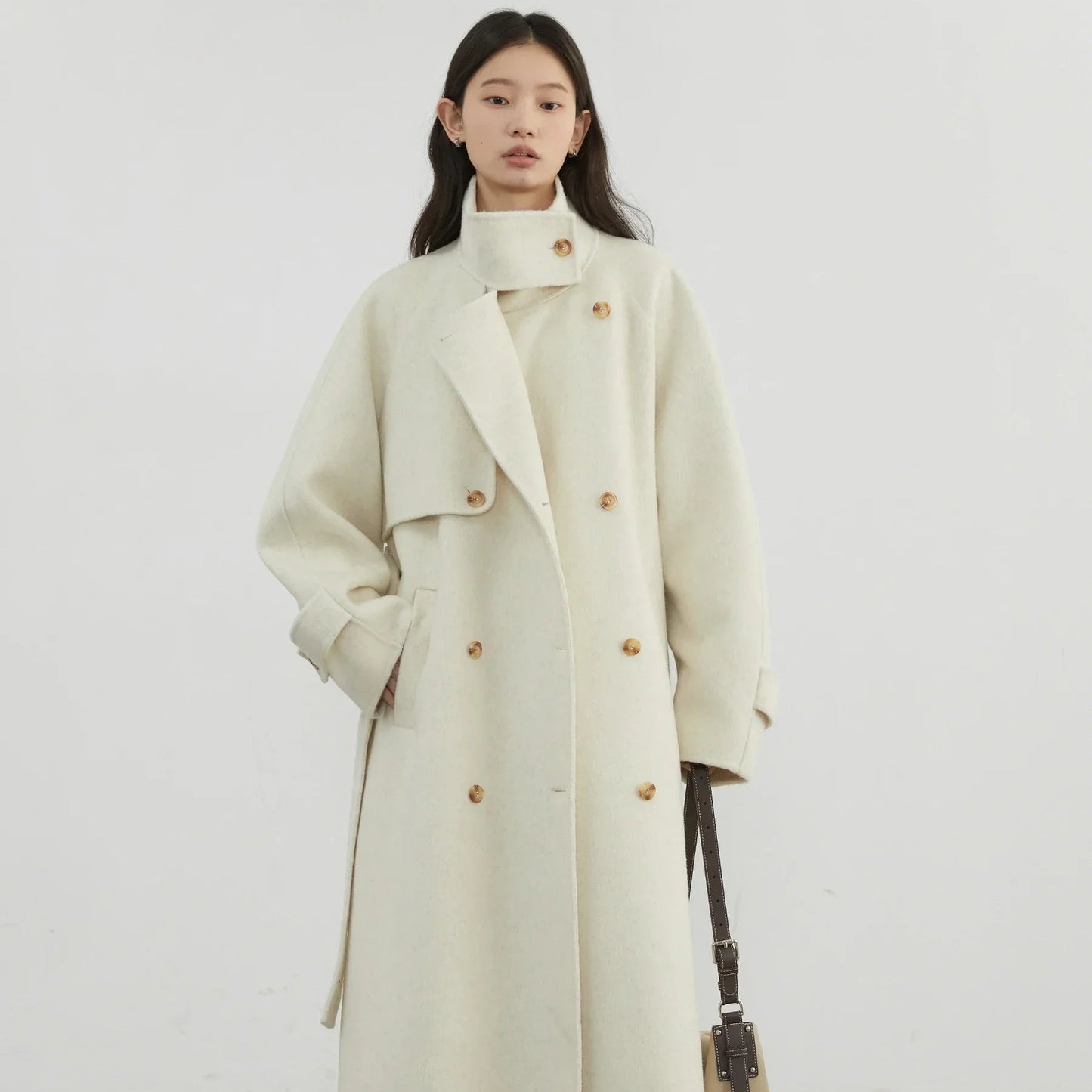 Elegant Ullkåpe for Dame – Dobbelsidig Kåpe med Ståkrage | Løs Passform til Høst og Vinter 2024