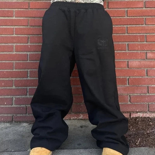 Vintage Harajuku Sweatpants – Broderte Unisex Bukser med Høyt Liv & Vide Ben | Streetwear & Hip Hop Stil