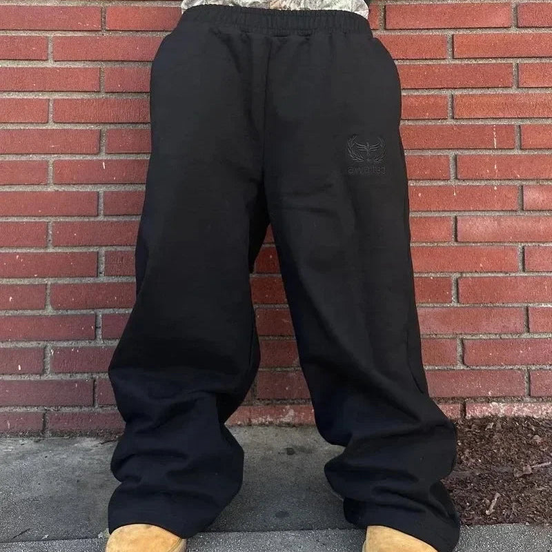 Vintage Harajuku Sweatpants – Broderte Unisex Bukser med Høyt Liv & Vide Ben | Streetwear & Hip Hop Stil