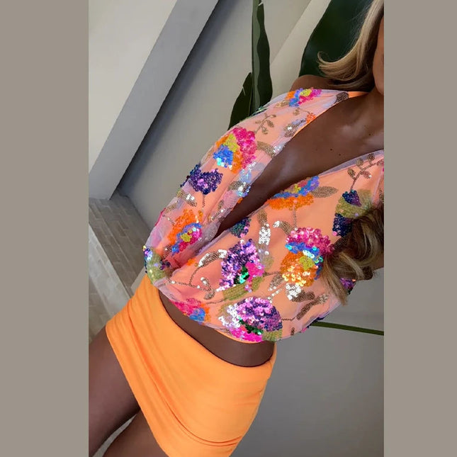 Fargerikt Paljettsett – Halterneck Toppløs Vest & Bodycon Miniskjørt