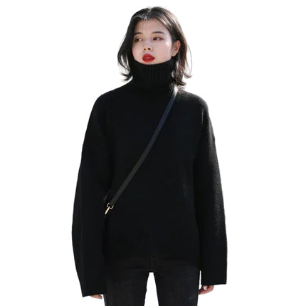 Koreansk Høyhalset Strikkegenser for Kvinner – Løs, Myk og Varm Genser til Høst og Vinter